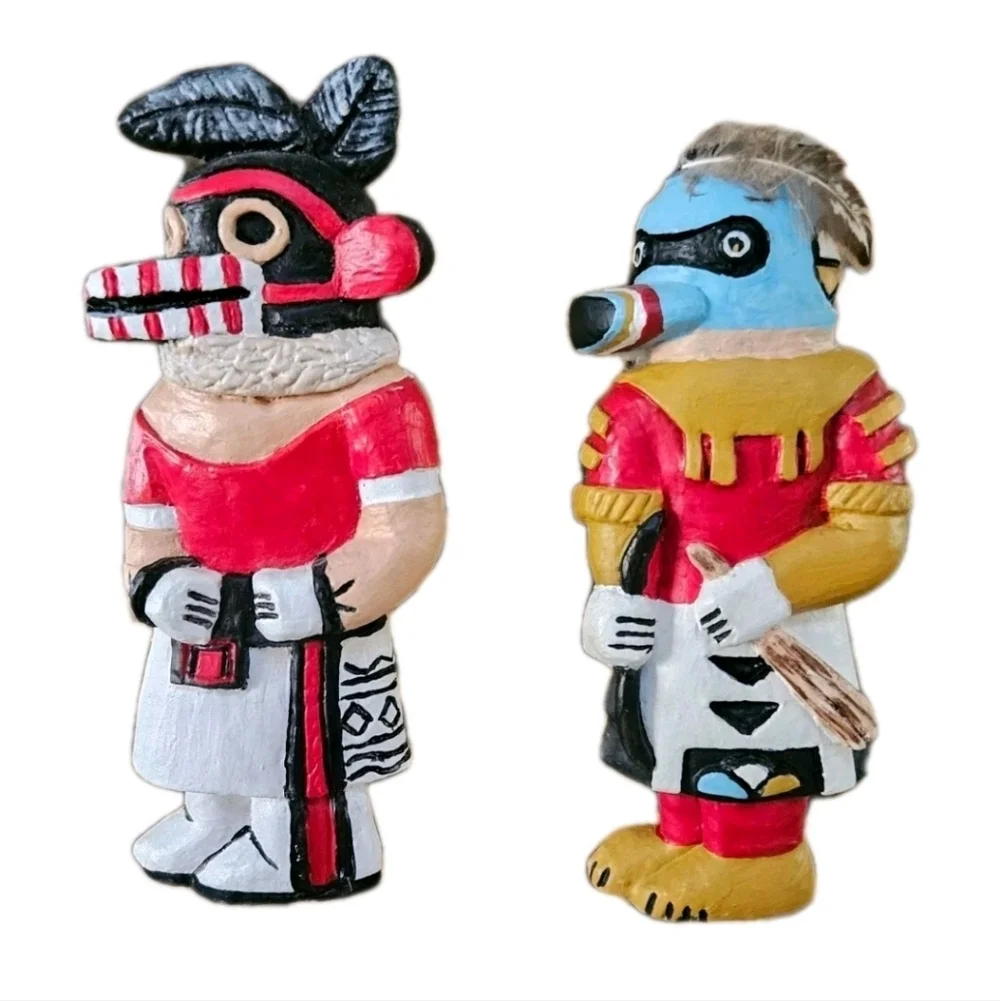 Zuni Warrior Chalkware Hanging Wall Decor Colorful Tribal Art Decor Set Of 2